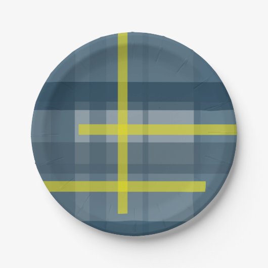 Assiettes En Carton Motif plaid bleu et jaune (Devant)