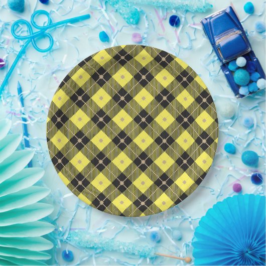 Assiettes En Carton Motif plaid tendance noir Jaune (Fête)
