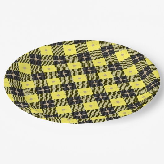 Assiettes En Carton Motif plaid tendance noir Jaune (Angle)