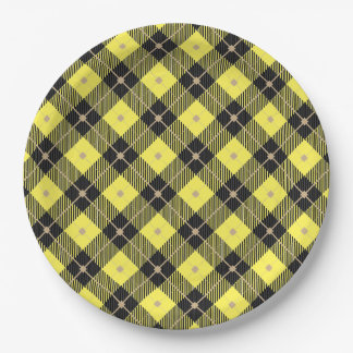 Assiettes En Carton Motif plaid tendance noir Jaune
