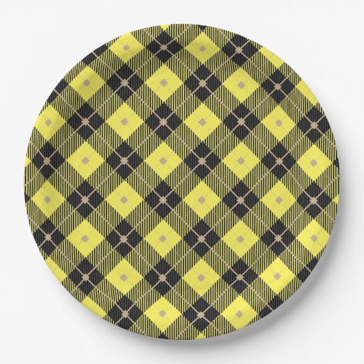 Assiettes En Carton Motif plaid tendance noir Jaune (Devant)