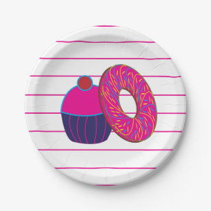 Assiettes En Carton Motif rayure rose gâteau donut Cupcake
