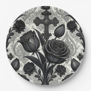 Assiettes En Carton Motif Rose Gothique Foncé (2)