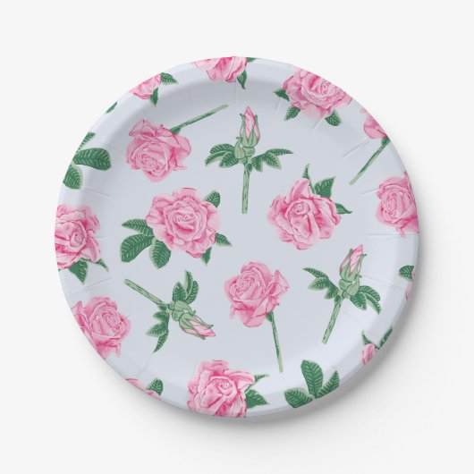 Assiettes En Carton Motif Rose peint rose et vert (Devant)