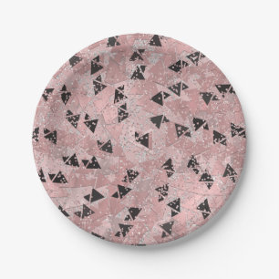 Assiettes En Carton Motif Rose rose or et triangles noir