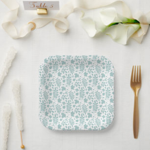 Assiettes En Carton Motif Rpt Feuille tombé Turquoise en blanc
