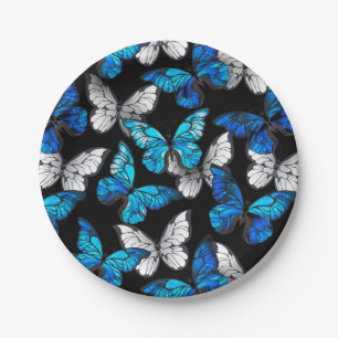 Assiettes En Carton Motif sans couleur foncée avec papillons bleus Mor