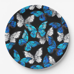 Assiettes En Carton Motif sans couleur foncée avec papillons bleus Mor