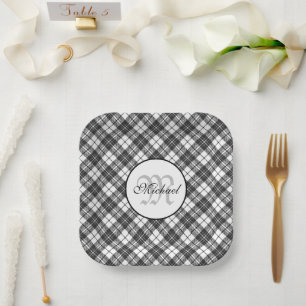 Assiettes En Carton Motif tartan Noël noir blanc Monogramme