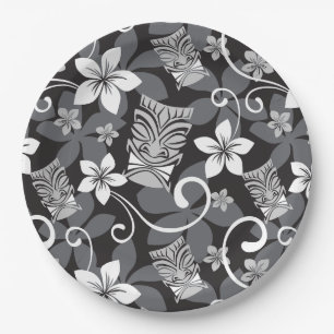 ASSIETTES EN CARTON MOTIF TIKI LUAU (CHARBON)