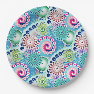 Assiettes En Carton Motif tourbillon fractal, turquoise, rose, multi