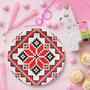 Assiettes En Carton Motif traditionnel de broderie folklorique en roug