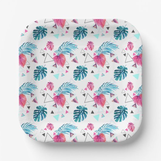 Assiettes En Carton Motif triangle feuille tropicale (Recto)