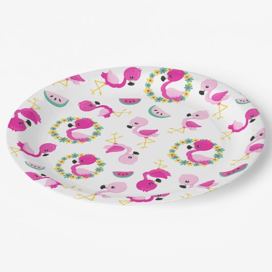 Assiettes En Carton Motif tropical, Flamants roses, pastèques, Fleurs (Angle)