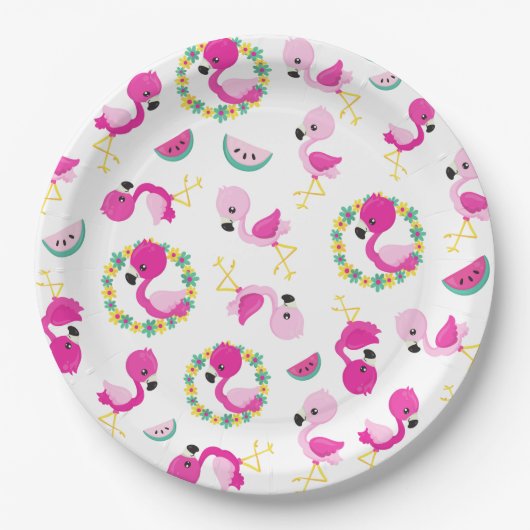 Assiettes En Carton Motif tropical, Flamants roses, pastèques, Fleurs (Devant)