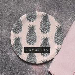 Assiettes En Carton Motif Tropical Grey & Rose Ananas Avec Nom<br><div class="desc">Motif Tropical Grey & Rose Ananas Avec Nom</div>