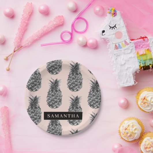 Assiettes En Carton Motif Tropical Grey & Rose Ananas Avec Nom (Fête)