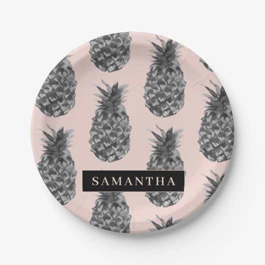 Assiettes En Carton Motif Tropical Grey & Rose Ananas Avec Nom (Devant)