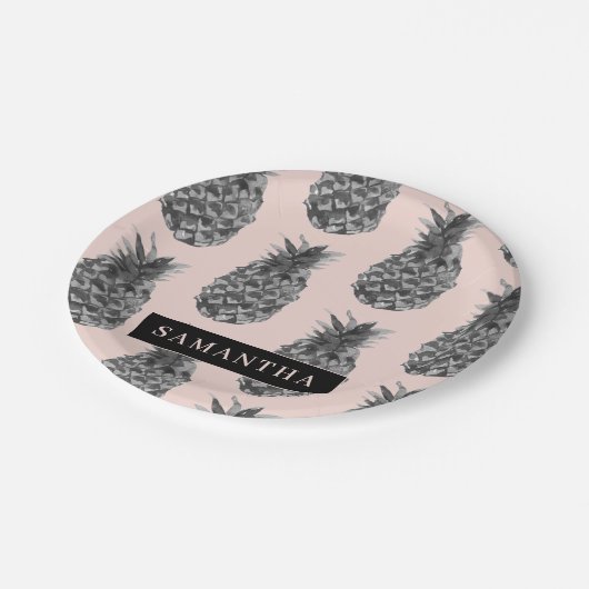 Assiettes En Carton Motif Tropical Grey & Rose Ananas Avec Nom (Angle)