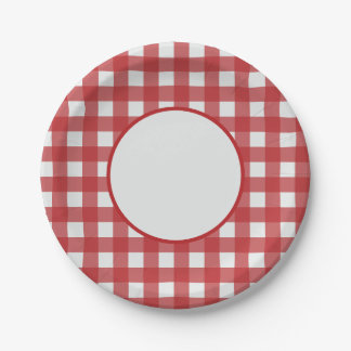 Assiettes En Carton Motif vichy rouge et gris clair Moderne Classique