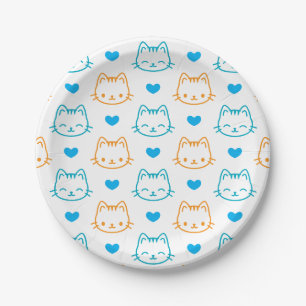 Assiettes En Carton Motif visage de chat turquoise orange 7 pouces Ron