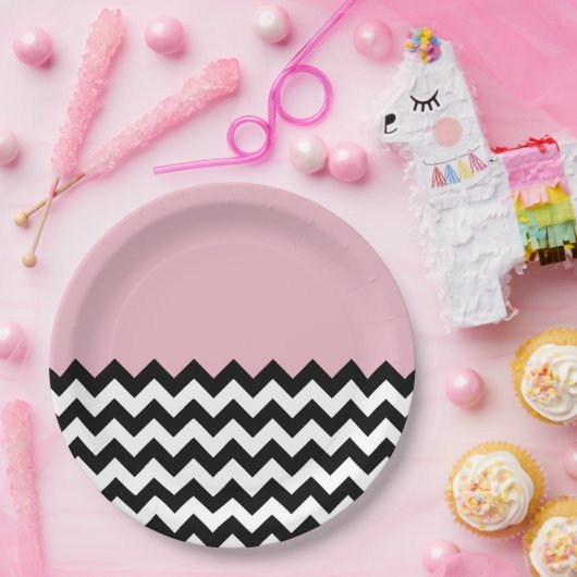 Assiettes En Carton Motif Zigzag noir et blanc, Chevron, rose (Fête)