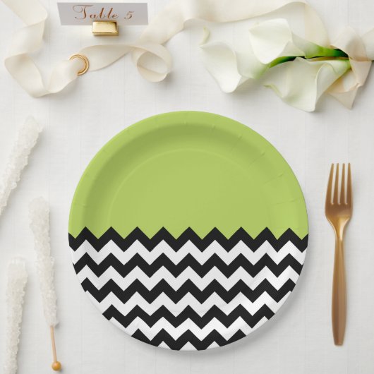 Assiettes En Carton Motif Zigzag noir et blanc, Chevron, Vert (Mariage)