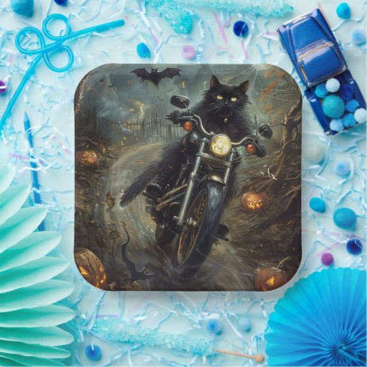 Assiettes En Carton Moto à équitation Chat Noir Halloween effrayant (Fête)