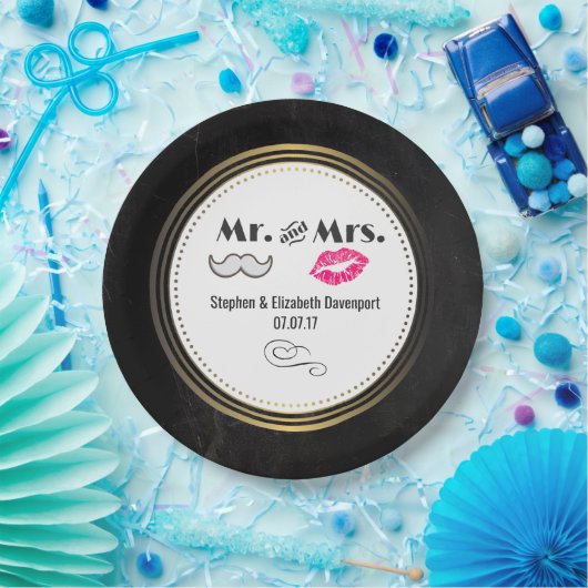 Assiettes En Carton Moustache & Lèvres M. & Mme Black & Gold Mariage (Fête)