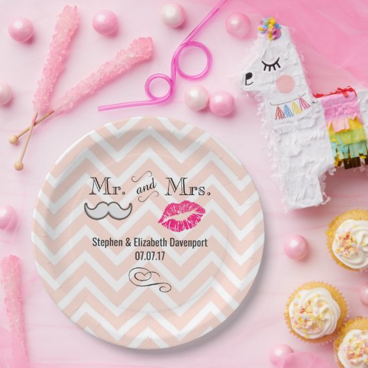 Assiettes En Carton Moustache & Lèvres M. & Mme Peach Chevron Mariage (Fête)