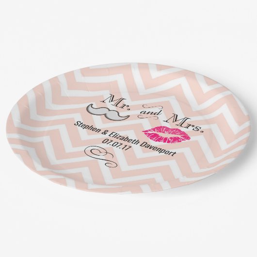 Assiettes En Carton Moustache & Lèvres M. & Mme Peach Chevron Mariage (Angle)