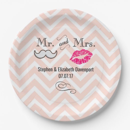 Assiettes En Carton Moustache & Lèvres M. & Mme Peach Chevron Mariage (Devant)