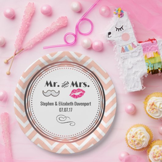 Assiettes En Carton Moustache & Lèvres M. & Mme Peach Chevron Mariage (Fête)
