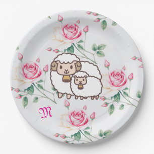 Assiettes En Carton Mouton blanc avec agneau de bébé et Monogramme Ros