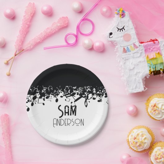 Assiettes En Carton Music Note Luxe noir et blanc Personnalisé (Fête)