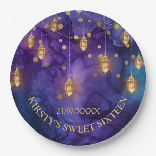 Assiettes En Carton Mystic Purple Blue Lanterns & Gold Bokeh Sweet 16