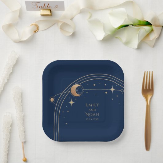 Assiettes En Carton Mystical Blue Gold Sun Moon Astronomie Space (Mariage)