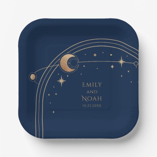 Assiettes En Carton Mystical Blue Gold Sun Moon Astronomie Space (Recto)