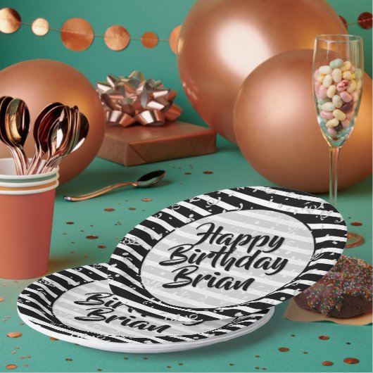 Assiettes En Carton Name | Joyeux anniversaire Simple Stripes Motif No (Multi)