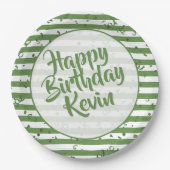 Assiettes En Carton Name | Joyeux anniversaire Stripes Motif Vert (Devant)