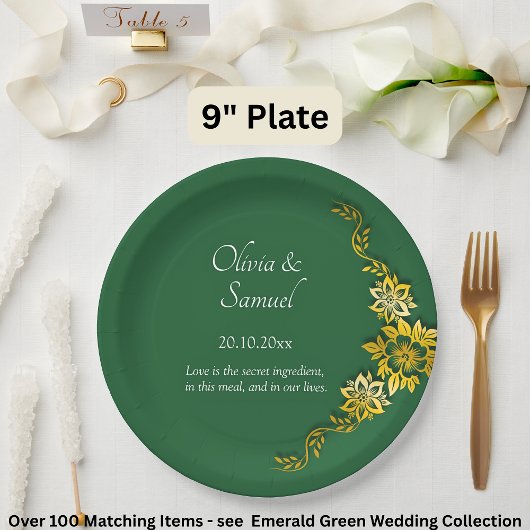 Assiettes En Carton Names Date Message Emerald Green & Gold 9"