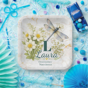 Assiettes En Carton Narcisse et Libellule, Fleur de Naissance de Décem