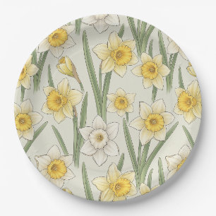 Assiettes En Carton Narcisses jaunes vintage sur fond ivoire