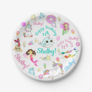 Assiettes En Carton Narval, Sirène, Licorne Nom personnalisé, Âge