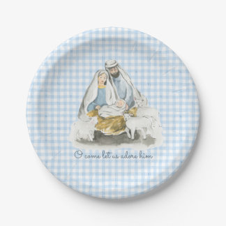 Assiettes En Carton Nativity, Manger Scene, Gingham Blue
