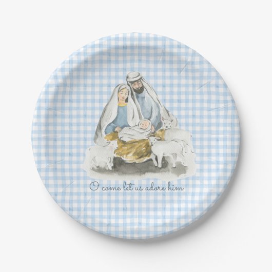 Assiettes En Carton Nativity, Manger Scene, Gingham Blue (Devant)