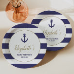 Assiettes En Carton Nautical Anchor Navy Blue Stripes Boy Baby Shower<br><div class="desc">This boy's baby shower paper plate features a navy blue anchor in a faux gold-bordered circle on a background of navy blue and white stripes. Inside the circle, the name of the mom-to-be appears in faux gold cursive script typography. The words "Baby Shower" and the date appear below in gray...</div>