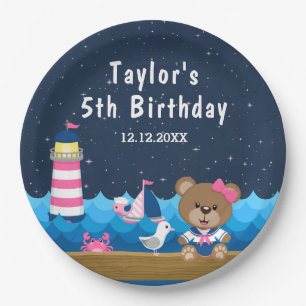 Assiettes En Carton Nautical Girl Bear rose et la marine fête d'annive