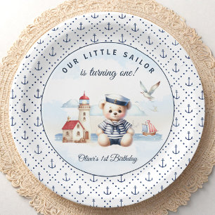 Assiettes En Carton Nautical Sailor Bear 1er Anniversaire Motif Ancre