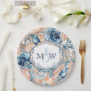 Assiettes En Carton Nautique Mariage Beach Sea Shell et Roses,